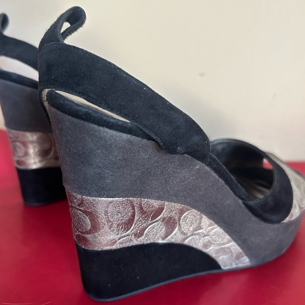 Coach Black and Silver Suede Wedge Sandals - Picture 2 of 13